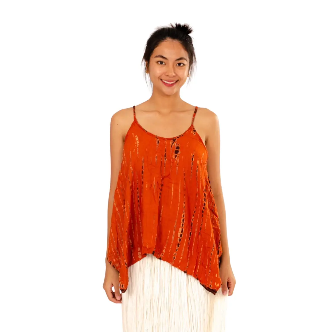 Hand-Painted Tie-Dye Rayon Boho Top: Flowy Hippie Chic Orange top