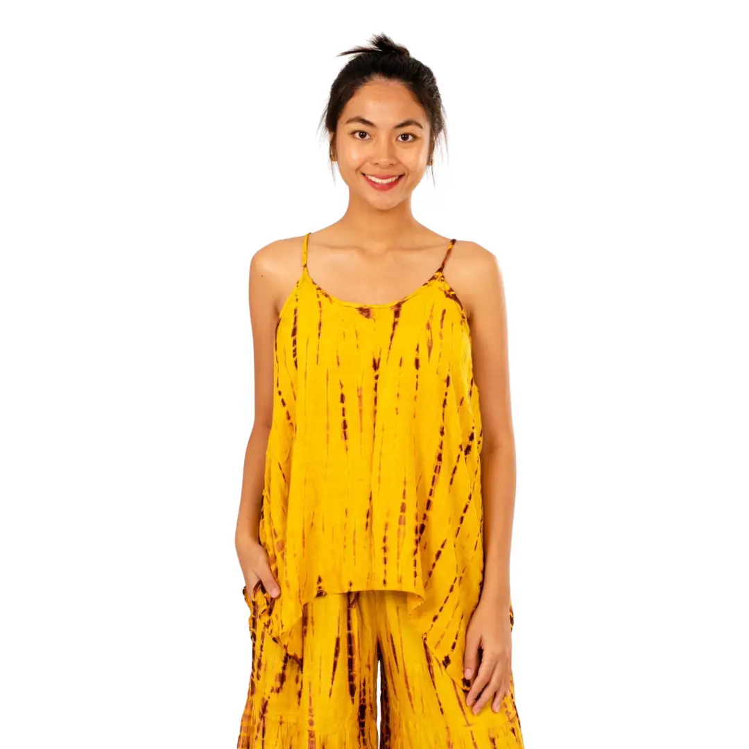 Hand-Painted Tie-Dye Rayon Boho Top: Flowy Hippie Chic Yellow top
