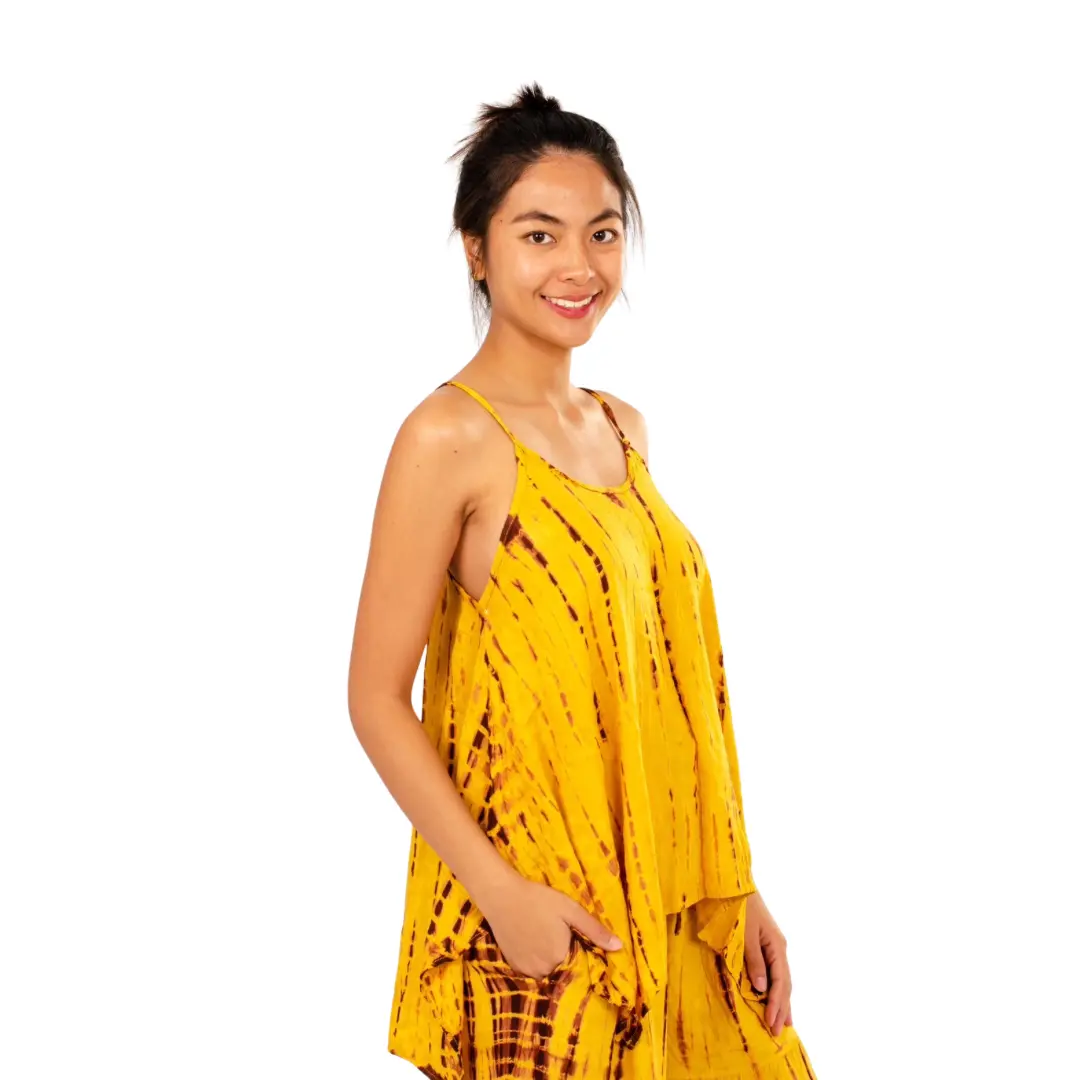 Hand-Painted Tie-Dye Rayon Boho Top: Flowy Hippie Chic Yellow top