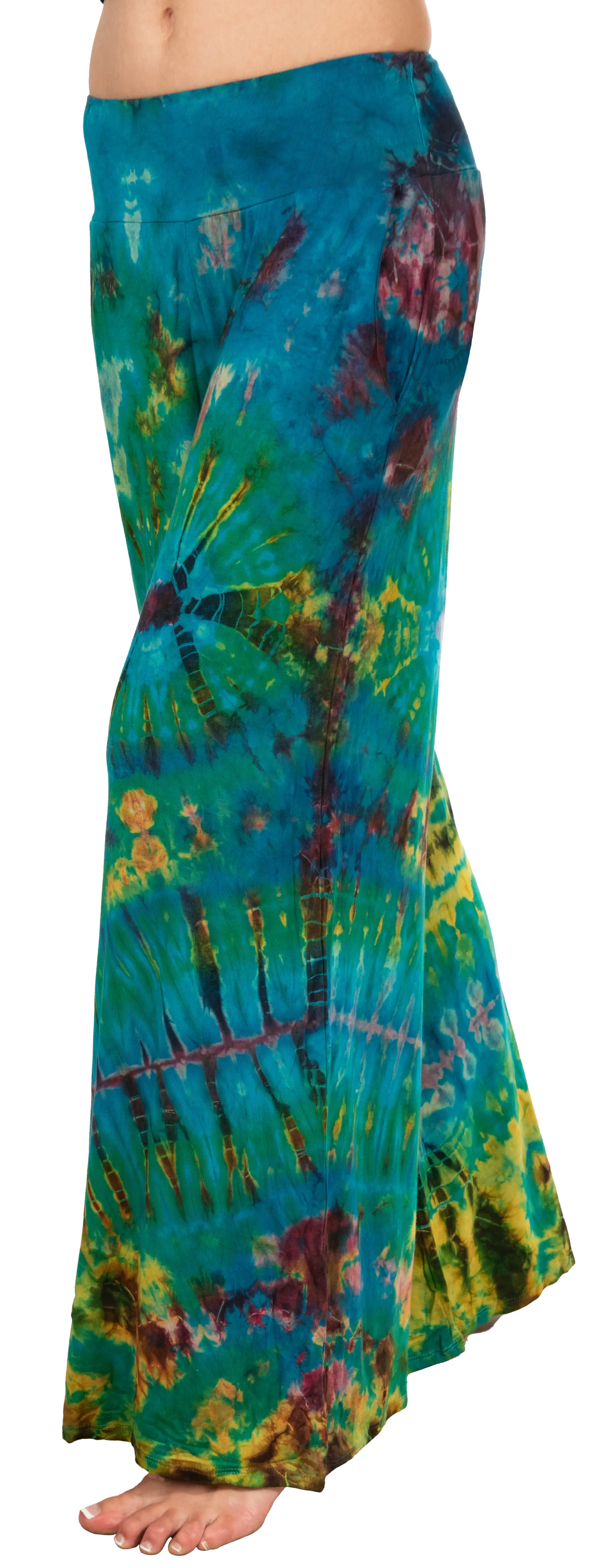 Tie Dye Wide Leg Rayon Pants: Boho Festival Style-Teal