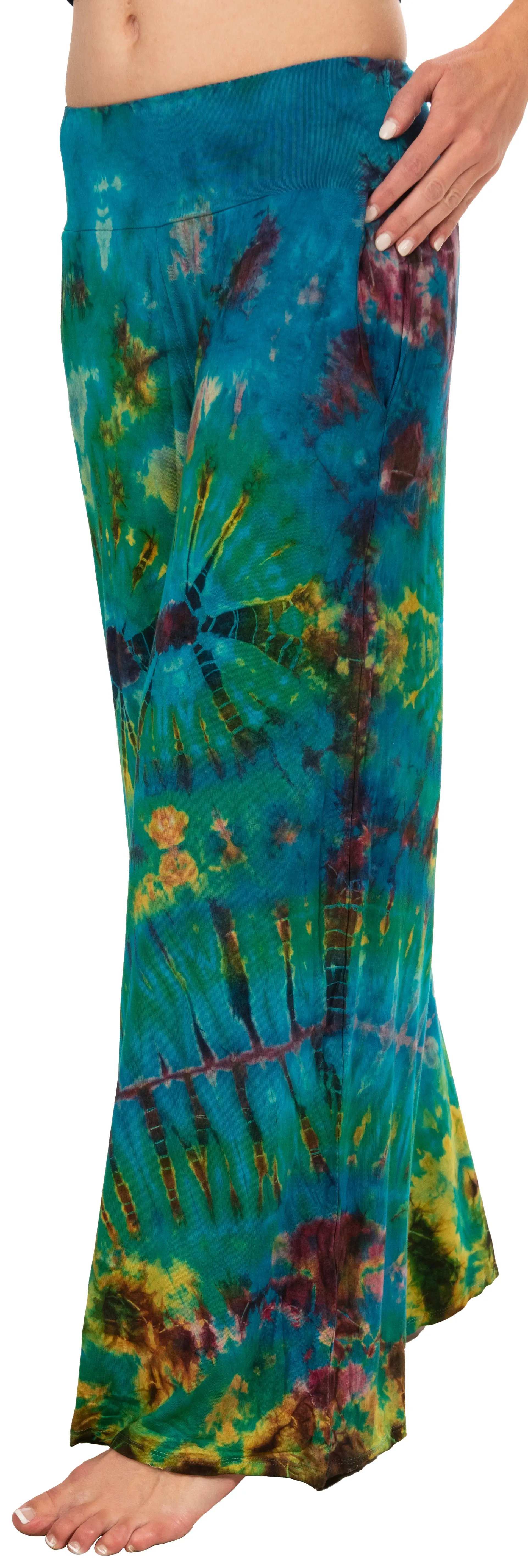 Tie Dye Wide Leg Rayon Pants: Boho Festival Style-Teal