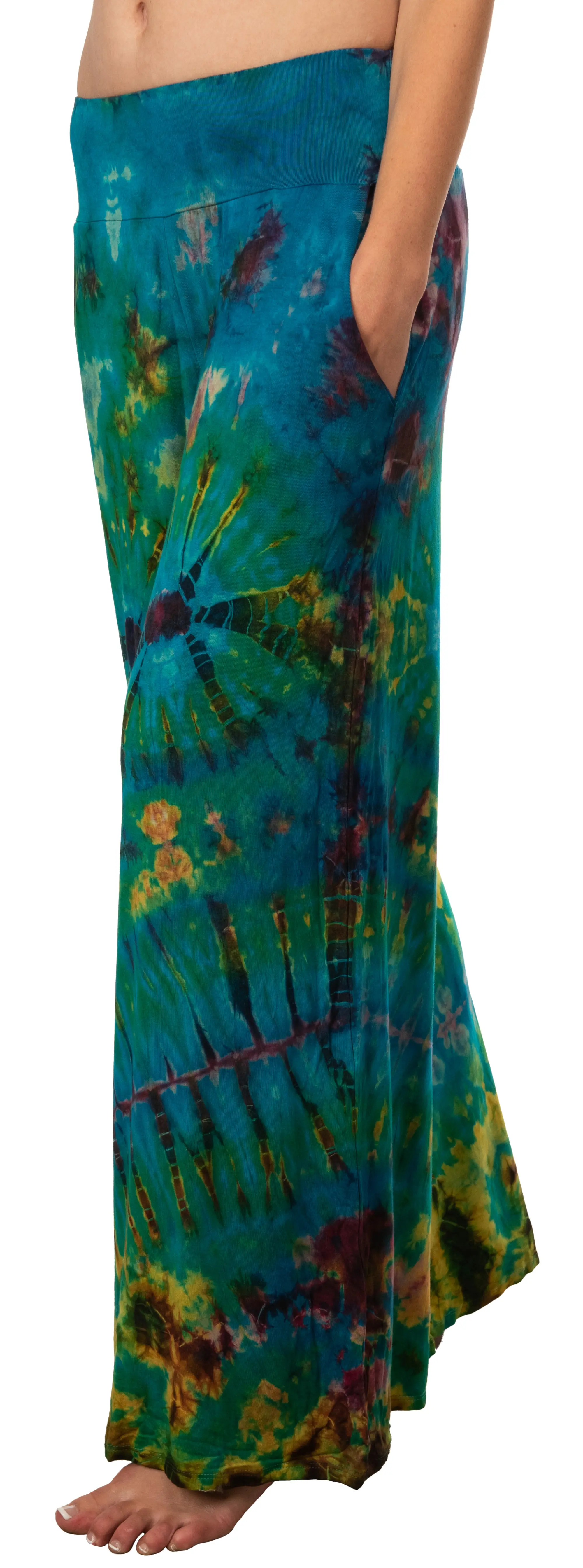 Tie Dye Wide Leg Rayon Pants: Boho Festival Style-Teal