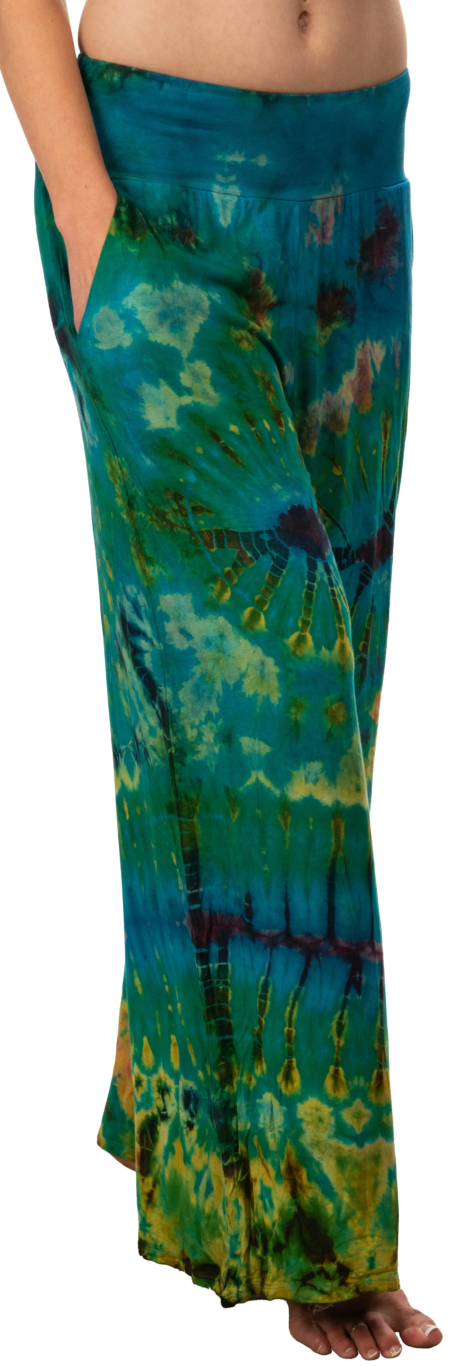 Tie Dye Wide Leg Rayon Pants: Boho Festival Style-Teal