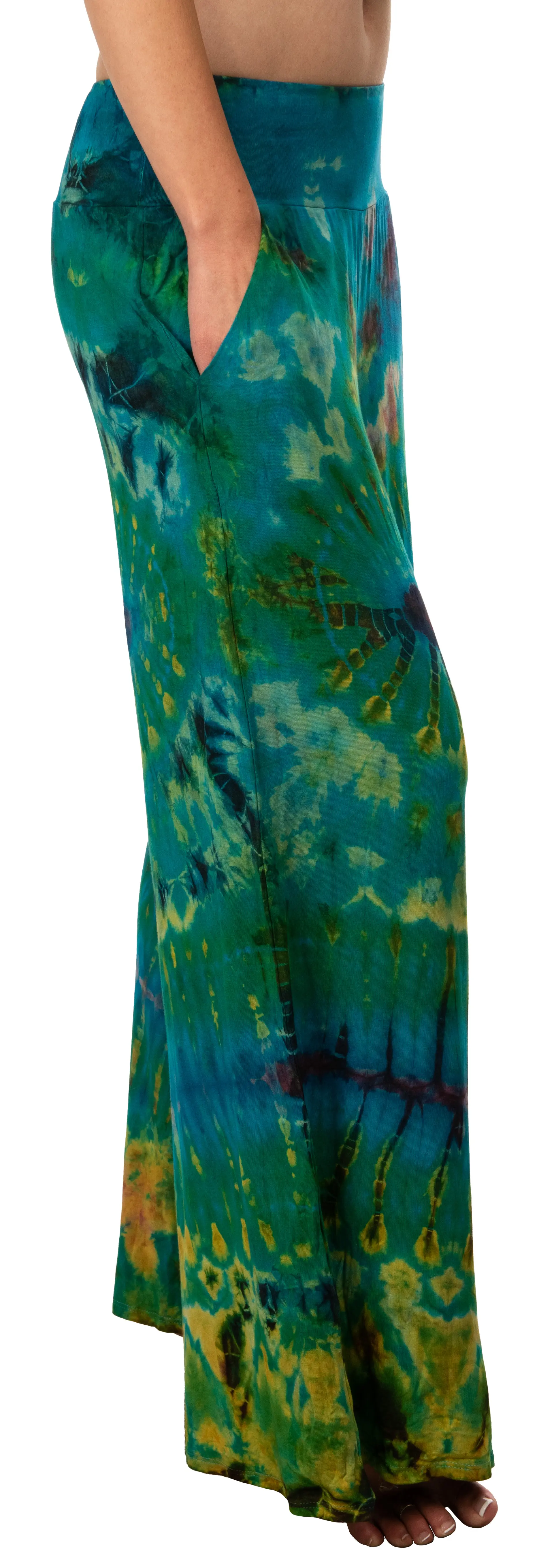 Tie Dye Wide Leg Rayon Pants: Boho Festival Style-Teal