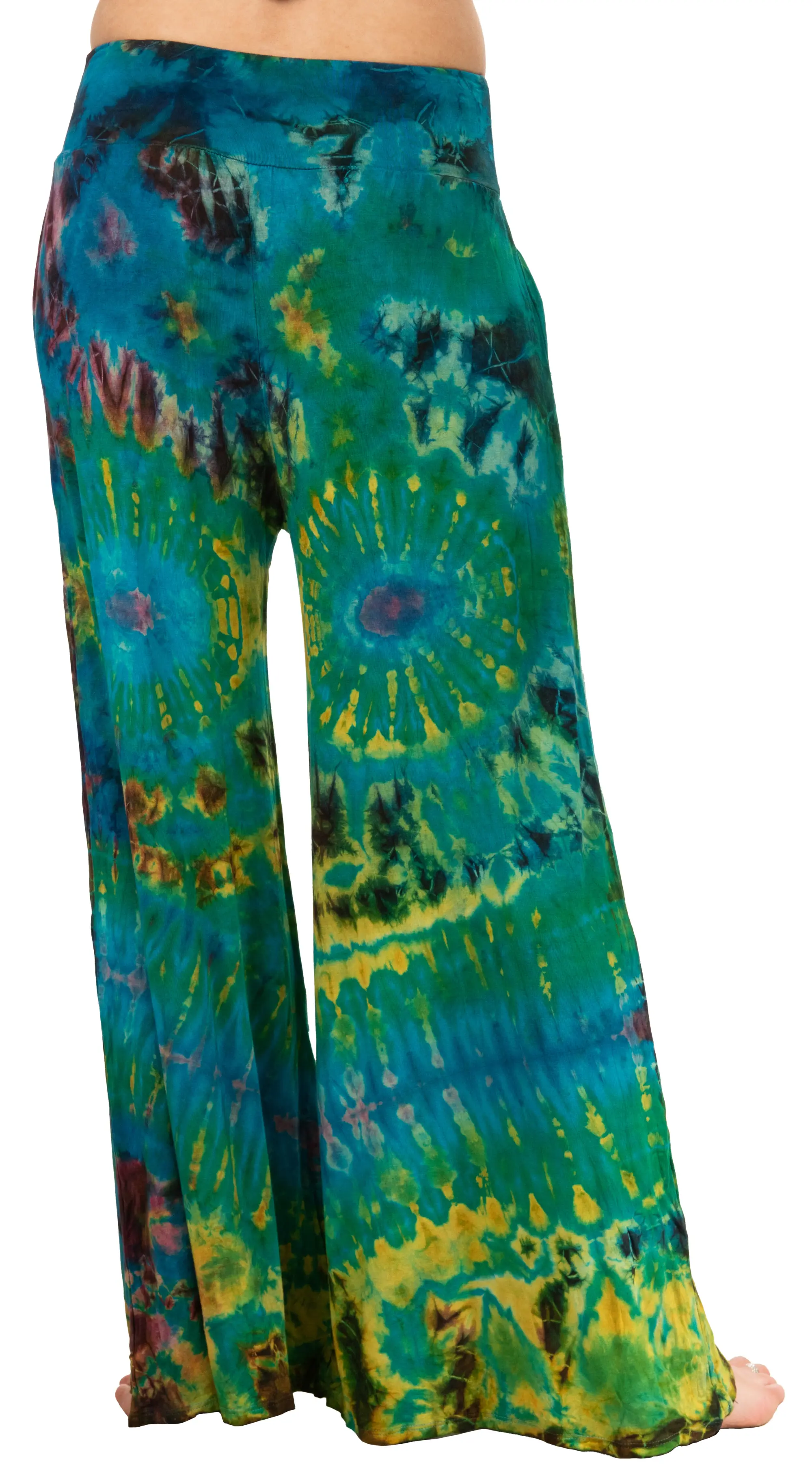 Tie Dye Wide Leg Rayon Pants: Boho Festival Style-Teal