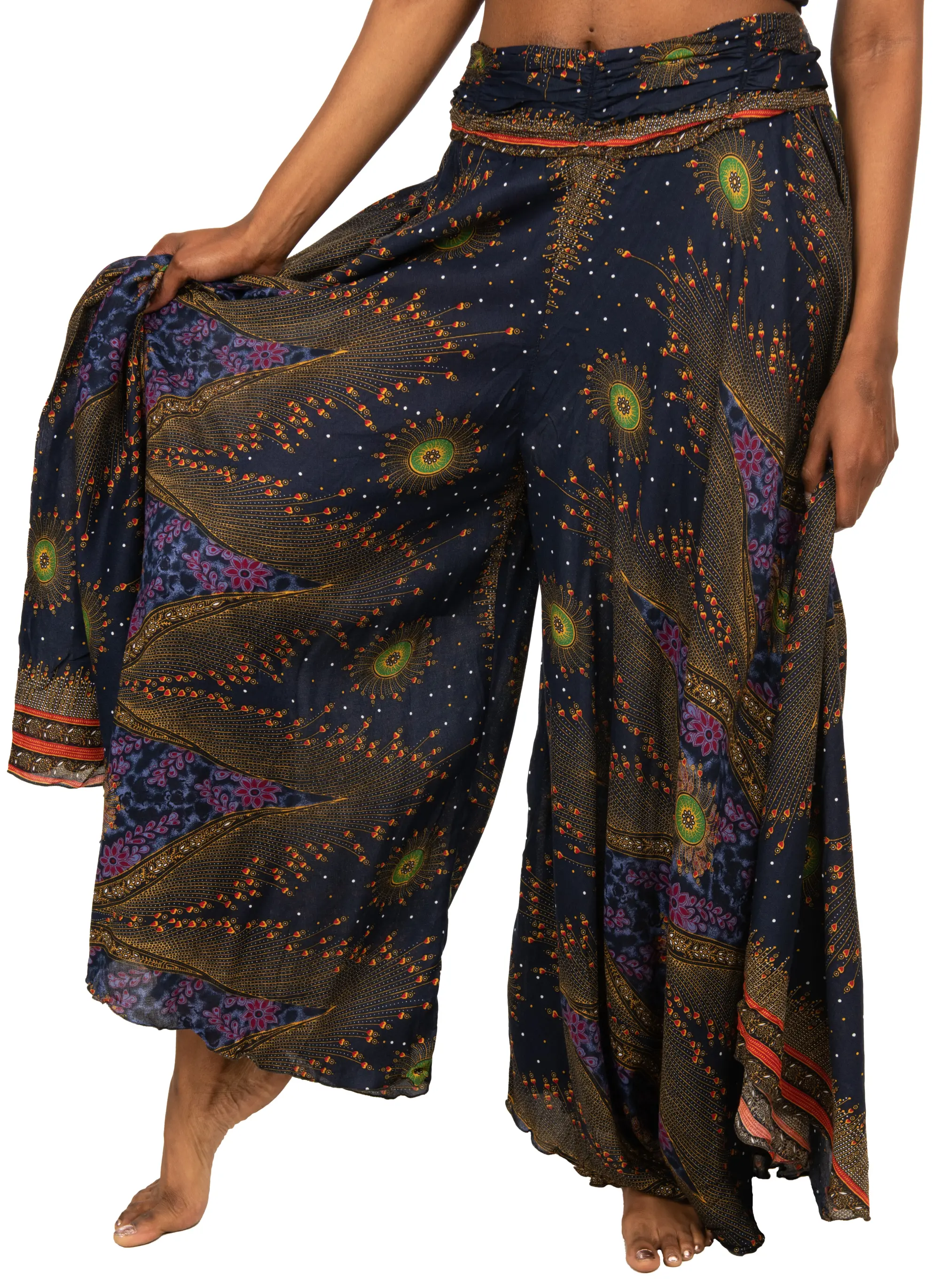 Peacock Print Wide Leg Rayon Pants: Smocked Waist, Handcrafted