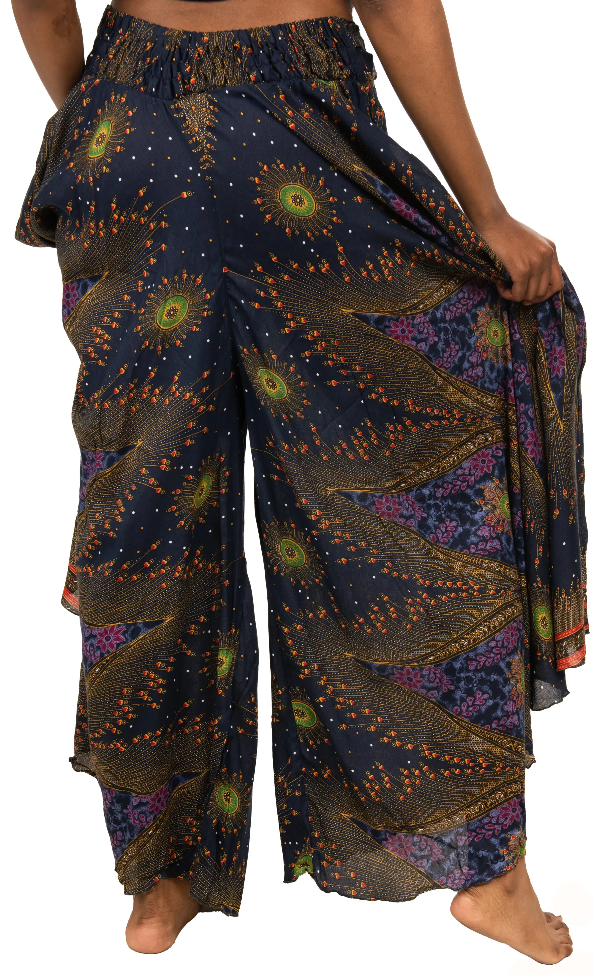 Peacock Print Wide Leg Rayon Pants: Smocked Waist, Handcrafted