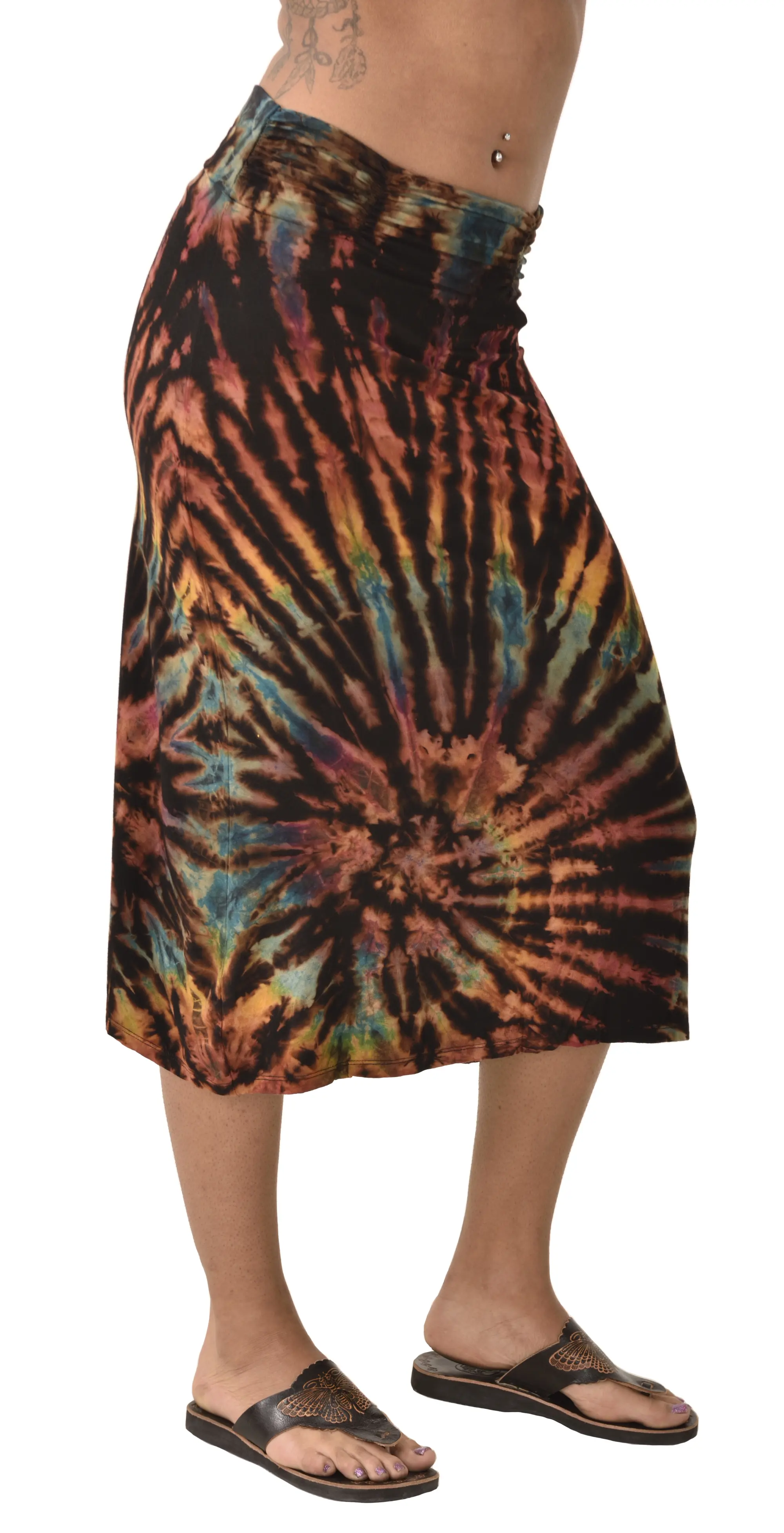 Skirt A-line Midi reverse Tie Dye Ikat style hand painted Thai Mudmee on quality silky Spandex Rayon blended fabric Boho Chic Festival Skirt