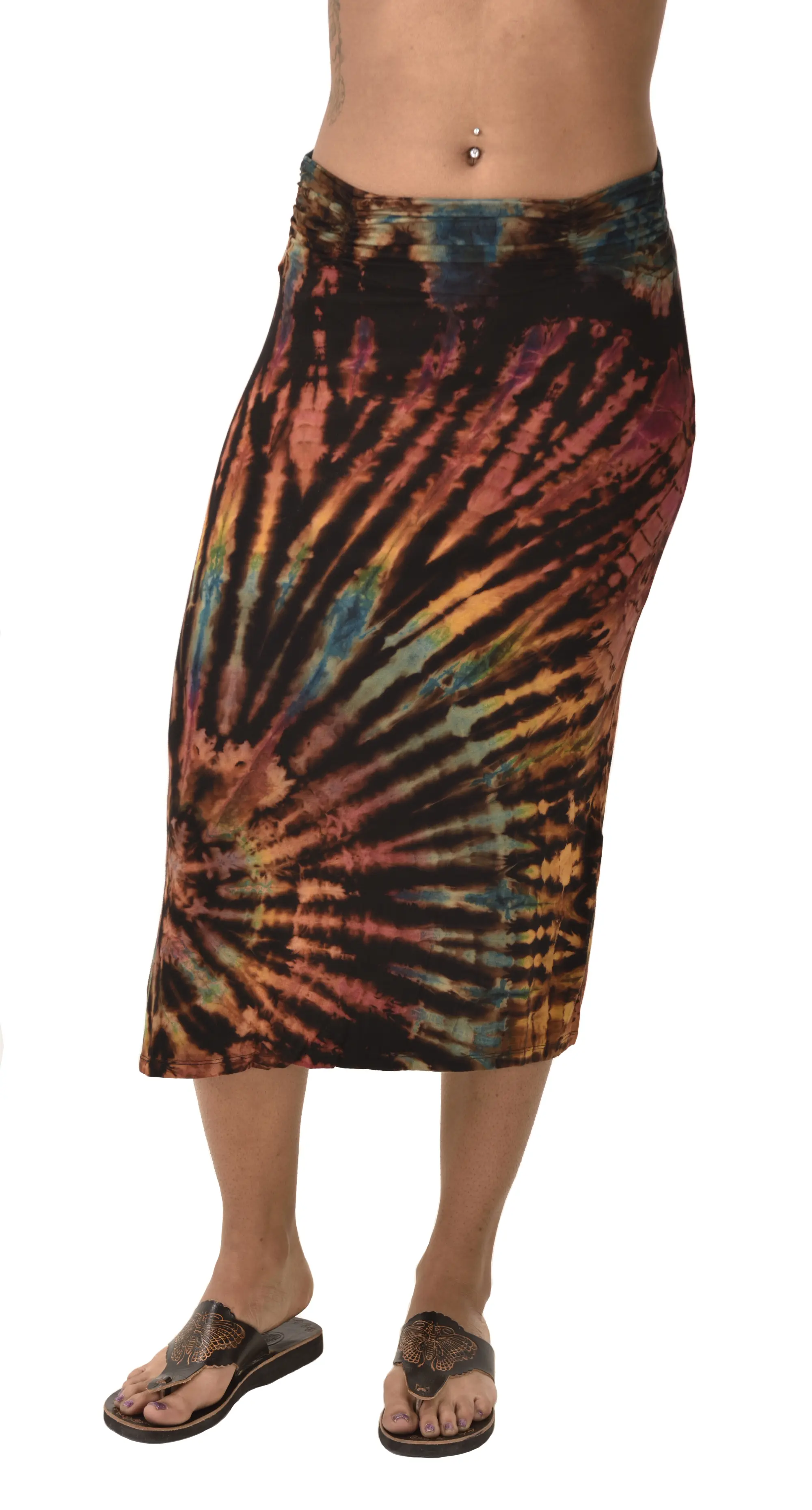 Skirt A-line Midi reverse Tie Dye Ikat style hand painted Thai Mudmee on quality silky Spandex Rayon blended fabric Boho Chic Festival Skirt