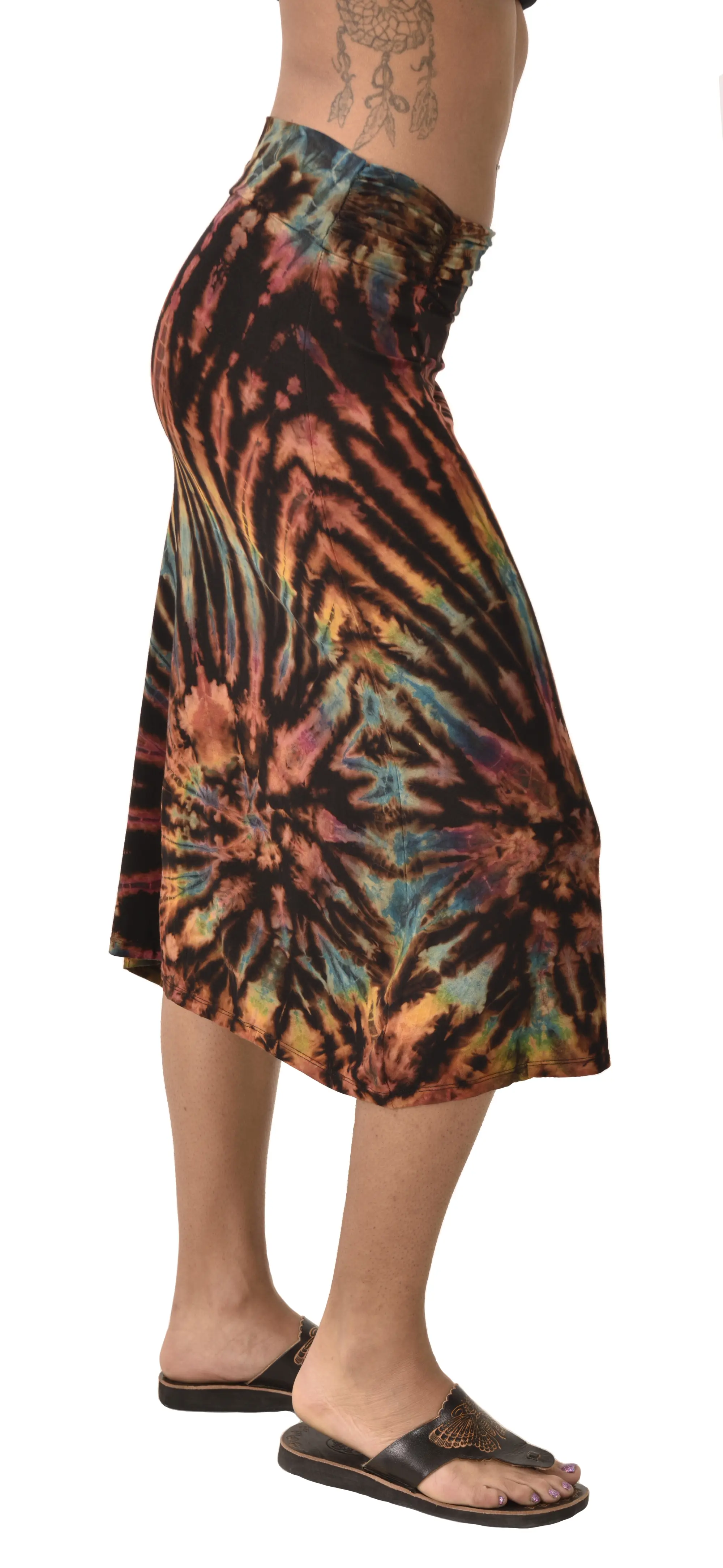 Skirt A-line Midi reverse Tie Dye Ikat style hand painted Thai Mudmee on quality silky Spandex Rayon blended fabric Boho Chic Festival Skirt