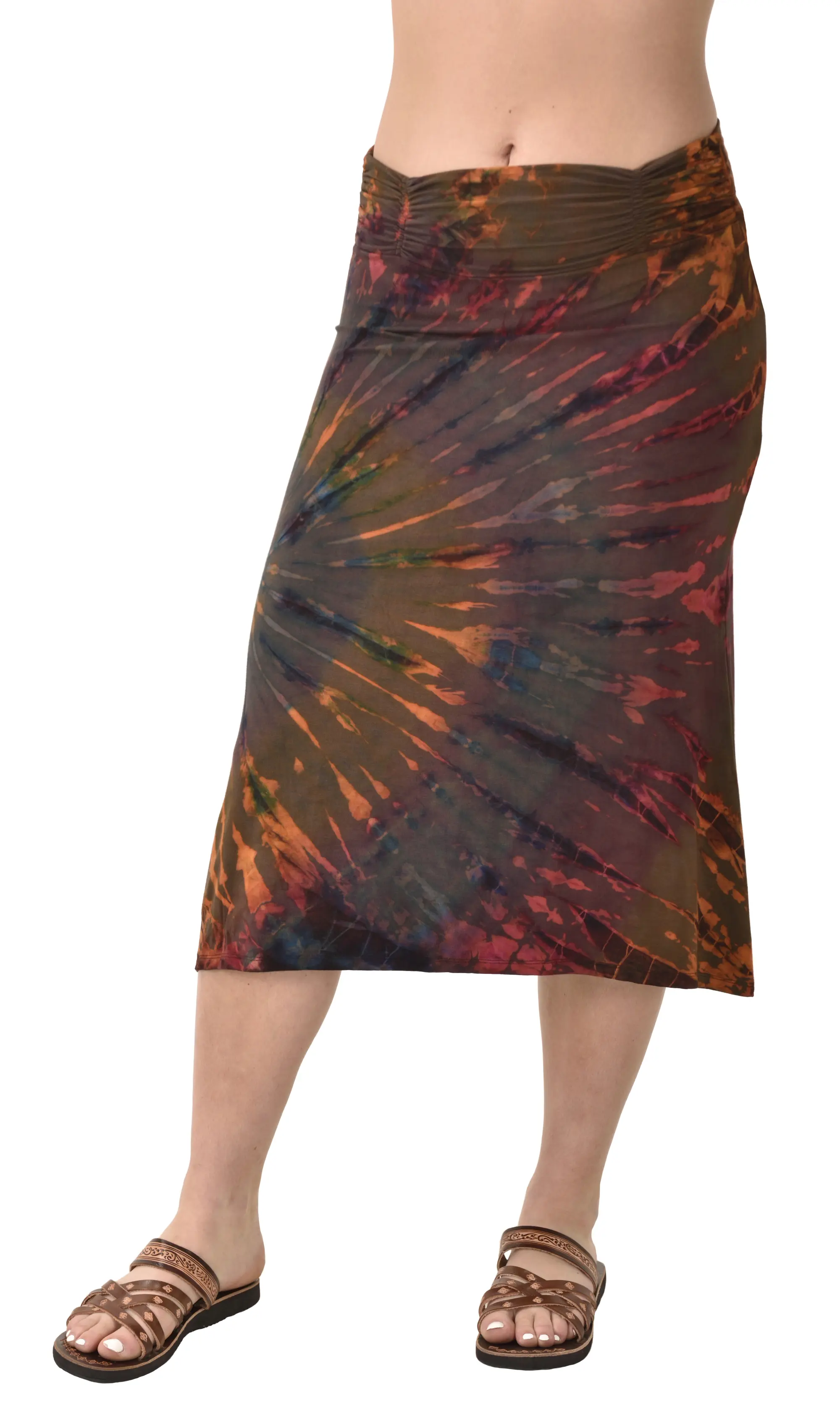 Skirt A-line Midi reverse Tie Dye Ikat style hand painted Thai Mudmee on quality silky Spandex Rayon blended fabric Boho Chic Festival Skirt