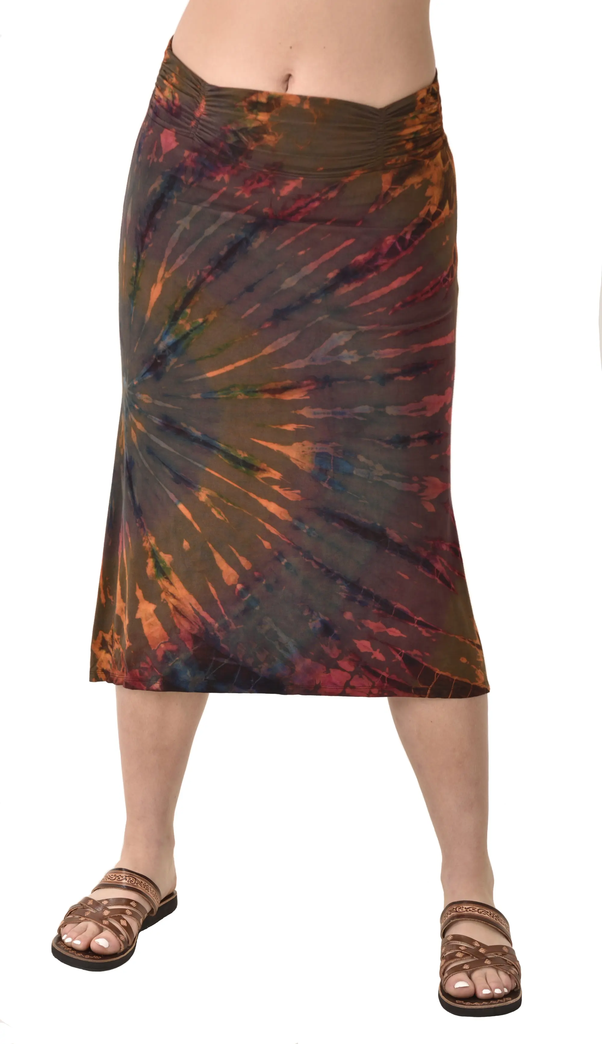 Skirt A-line Midi reverse Tie Dye Ikat style hand painted Thai Mudmee on quality silky Spandex Rayon blended fabric Boho Chic Festival Skirt