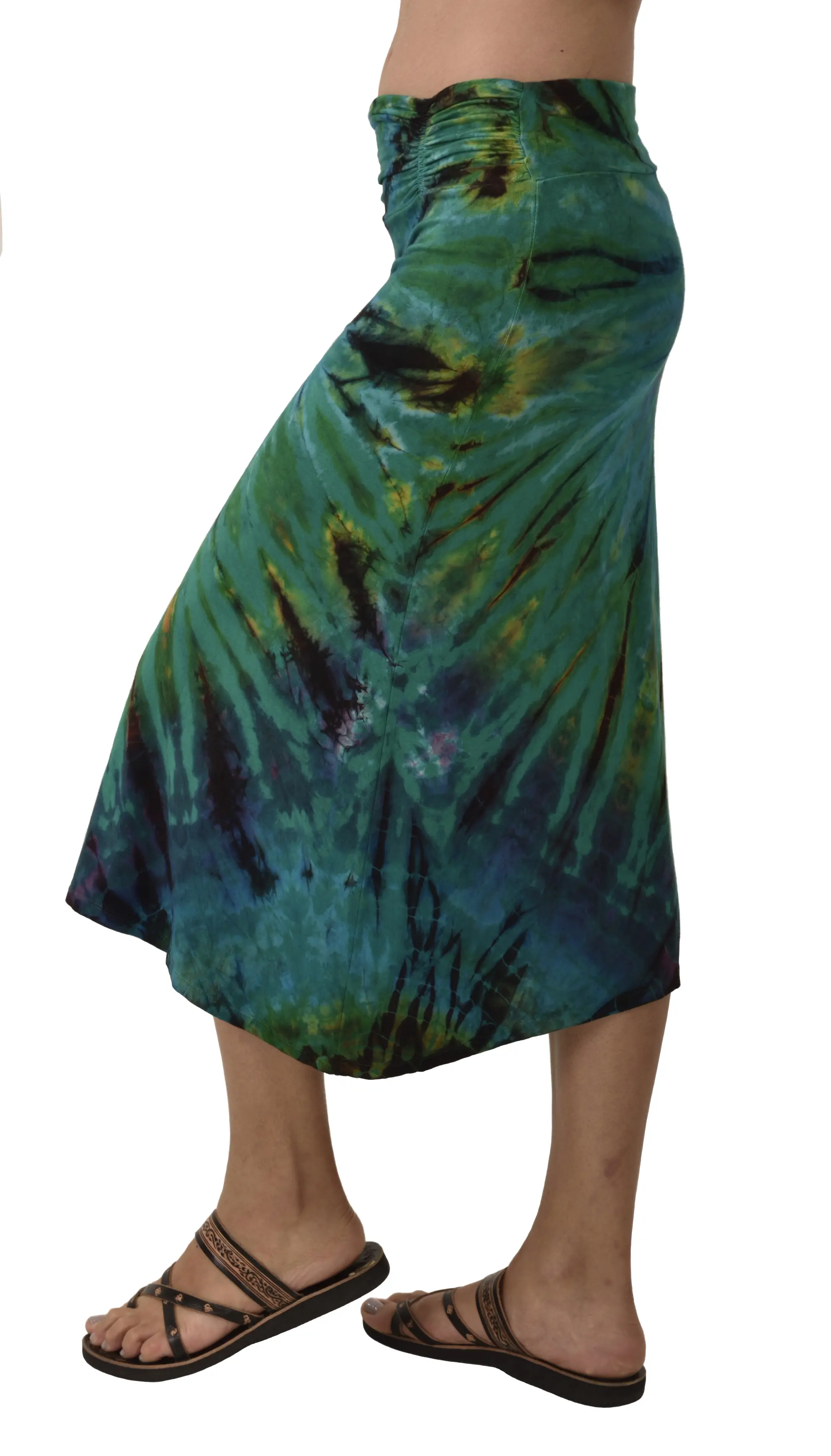 Skirt A-line Midi reverse Tie Dye Ikat style hand painted Thai Mudmee on quality silky Spandex Rayon blended fabric Boho Chic Festival Skirt