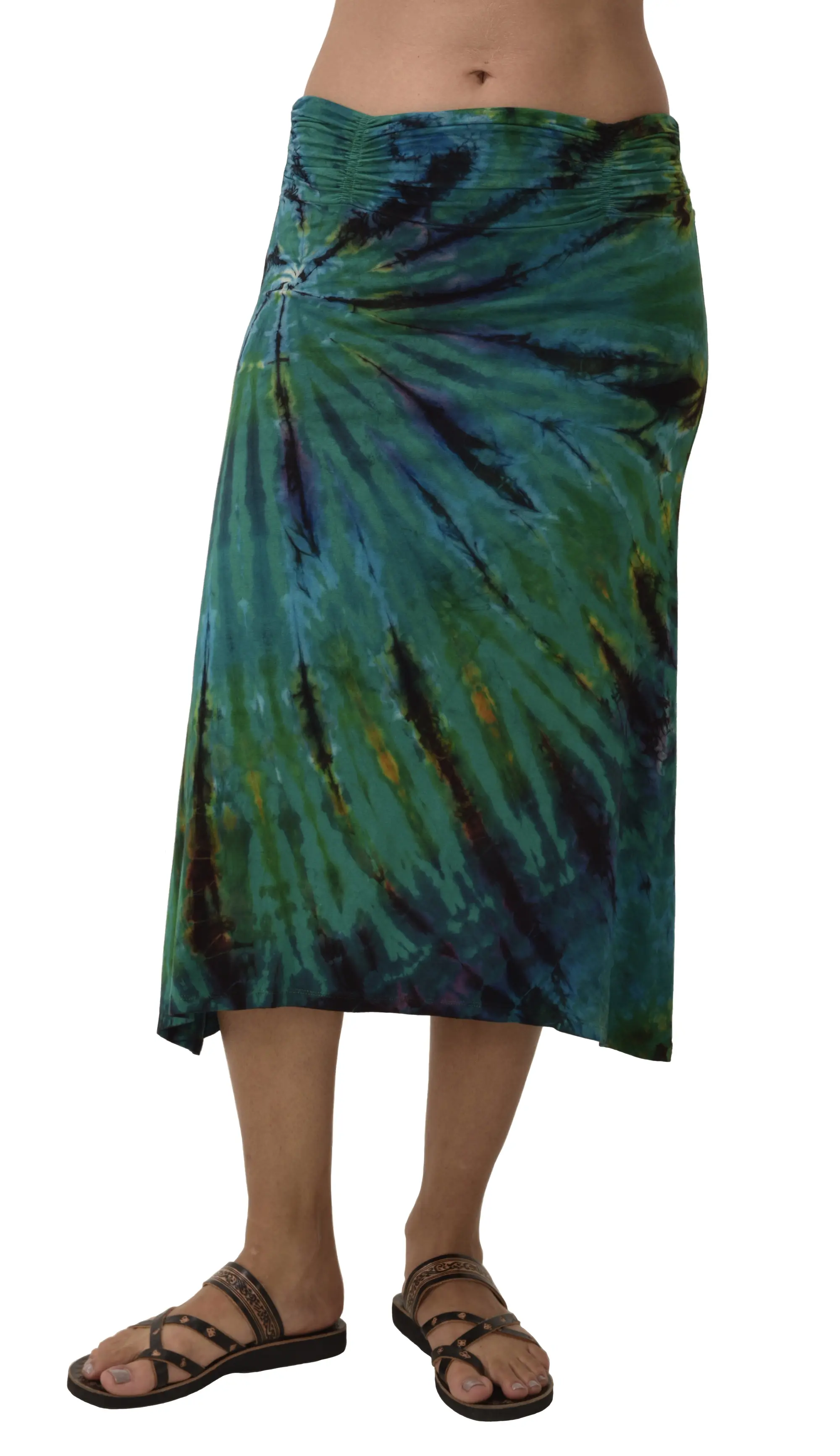 Skirt A-line Midi reverse Tie Dye Ikat style hand painted Thai Mudmee on quality silky Spandex Rayon blended fabric Boho Chic Festival Skirt